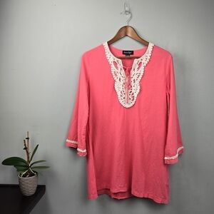 CHARLIE PAIGE Cotton Lightweight Lagenlook Blouse Tunic Pink White Womens Size M
